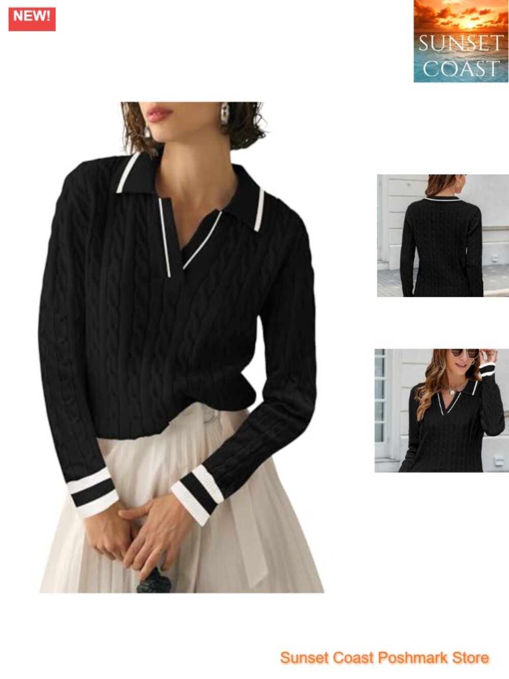 Womens Cable Knit V-Neck Long Sleeve Pullover Sweater Soft Jumper Top